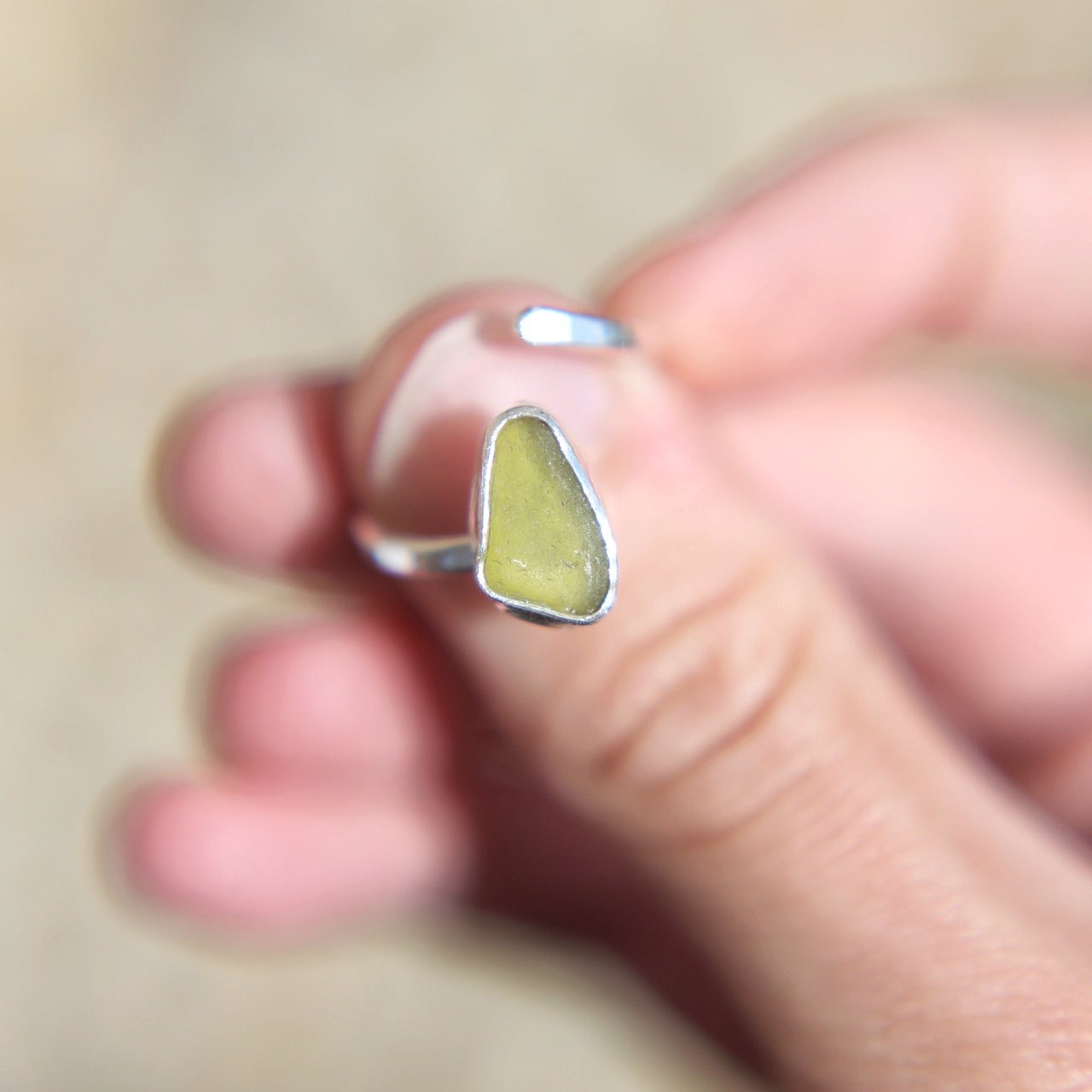 Lime Green Sea Glass Adjustable Ring