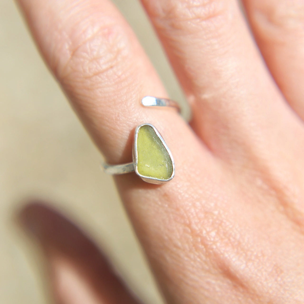 Lime Green Sea Glass Adjustable Ring