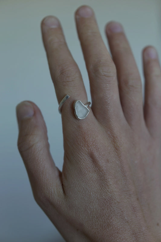 White Sea Glass Adjustable Ring