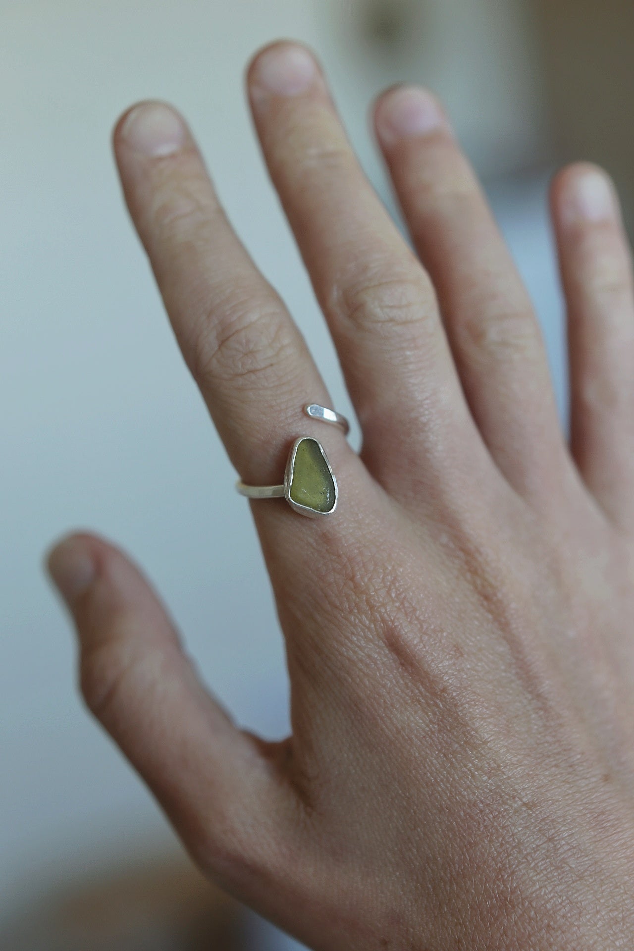 Lime Green Sea Glass Adjustable Ring
