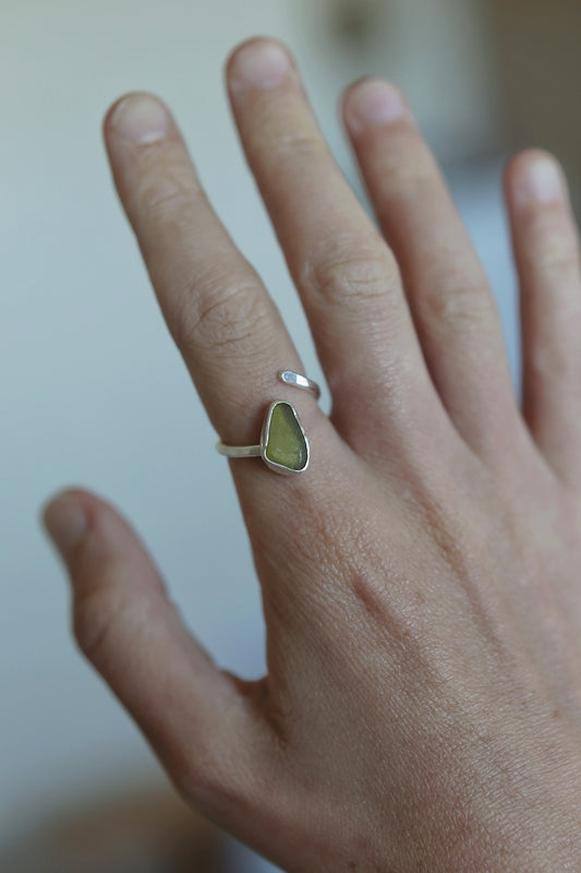 Lime Green Sea Glass Adjustable Ring
