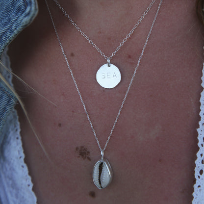 cowrie shell necklace, shell pendant, shell jewellery, eco silver, recycled sterling silver
