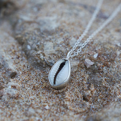 cowrie shell necklace, shell pendant, shell jewellery, eco silver, recycled sterling silver