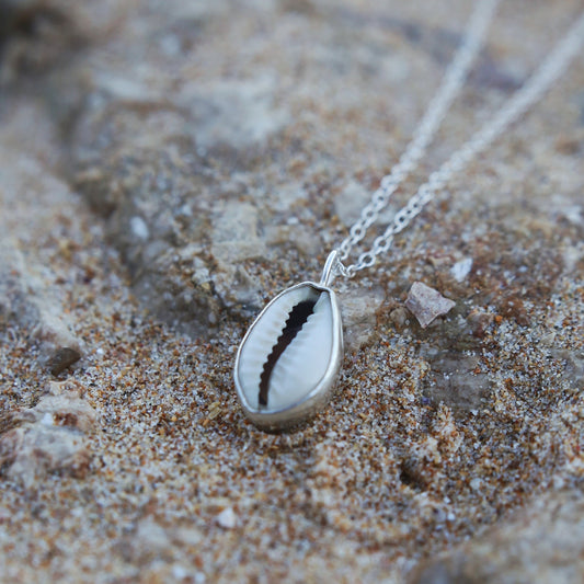 cowrie shell necklace, shell pendant, shell jewellery, eco silver, recycled sterling silver